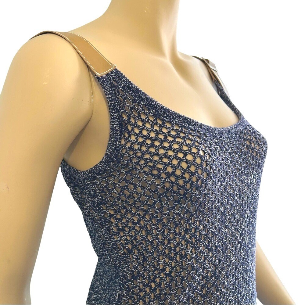 Herve Leger‎ Paris Vintage 80s Retro Open Knit Tank Top Leather Straps